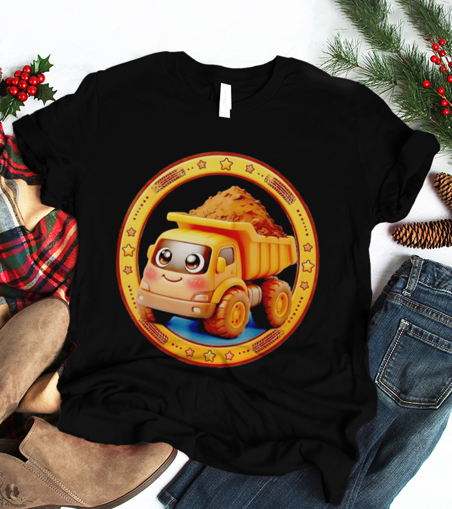 Yellow Dump Truck With Dirt Cute Construction Vehicle With Stars T-Shirt