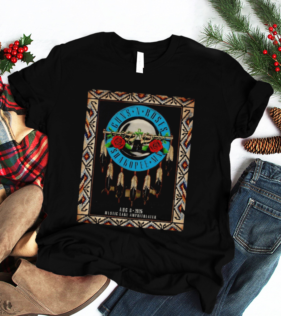 Guns N' Roses Shakopee MN August 8 2026 Mystic Lake Amphitheater Beaded Border Feathers Roses T-Shirt