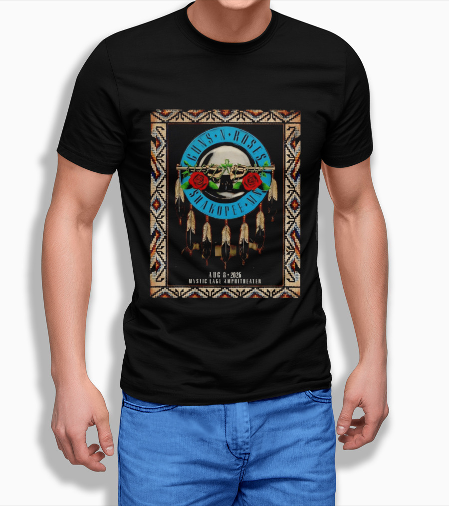 Guns N' Roses Shakopee MN August 8 2026 Mystic Lake Amphitheater Beaded Border Feathers Roses T-Shirt