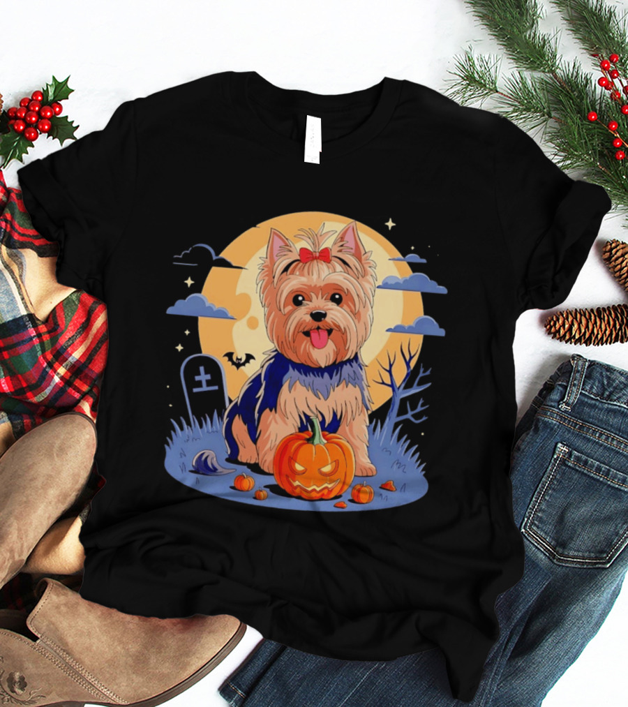 Yorkshire Terrier With Pumpkin On Spooky Halloween Night T-Shirt