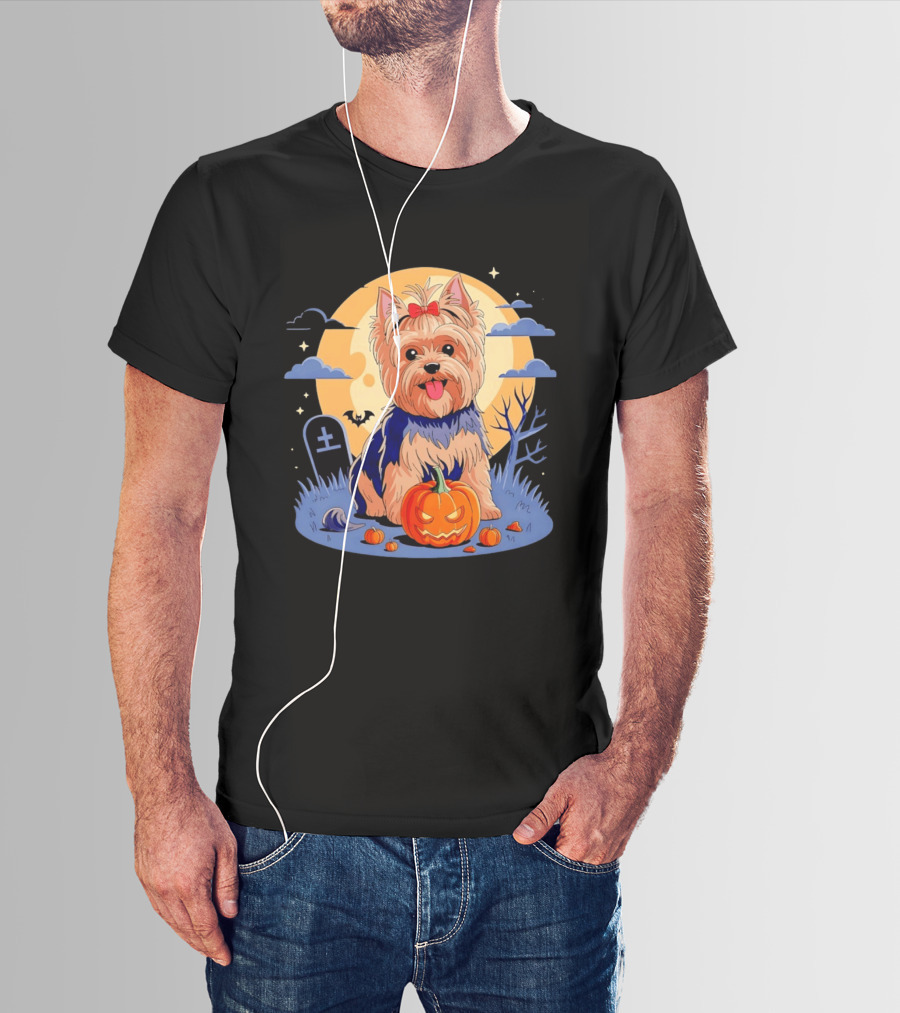 Yorkshire Terrier With Pumpkin On Spooky Halloween Night T-Shirt
