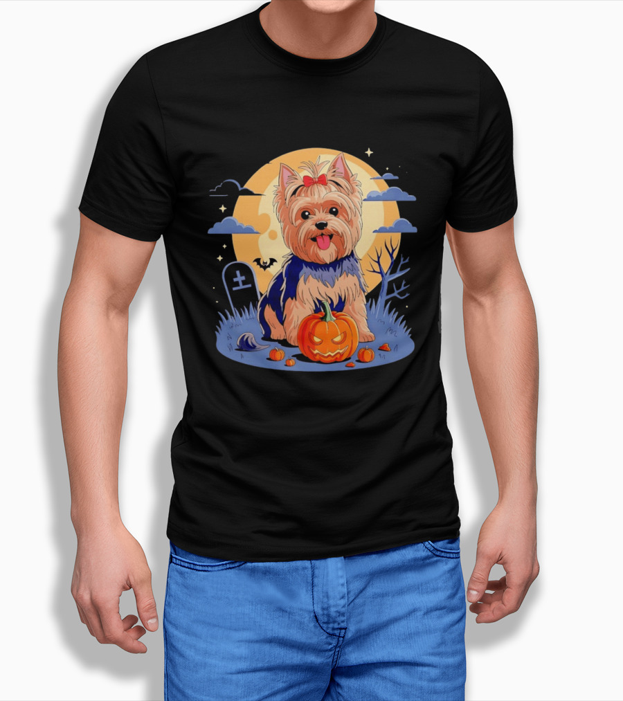 Yorkshire Terrier With Pumpkin On Spooky Halloween Night T-Shirt