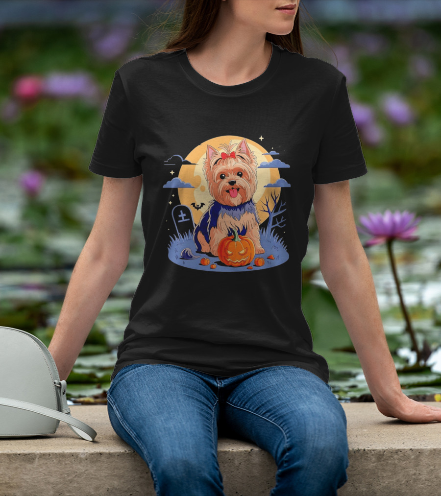 Yorkshire Terrier With Pumpkin On Spooky Halloween Night T-Shirt