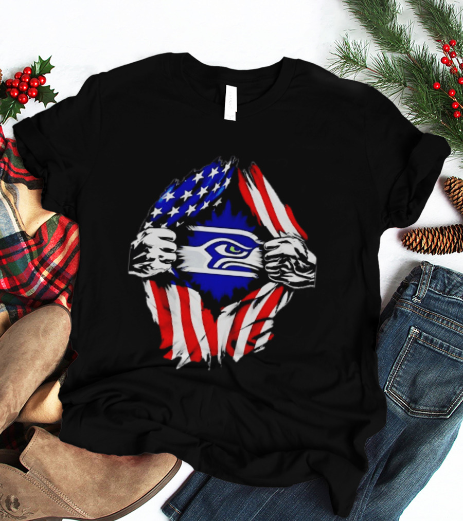 Seattle Seahawks American Flag Ripped Chest USA Fan Gear T-Shirt