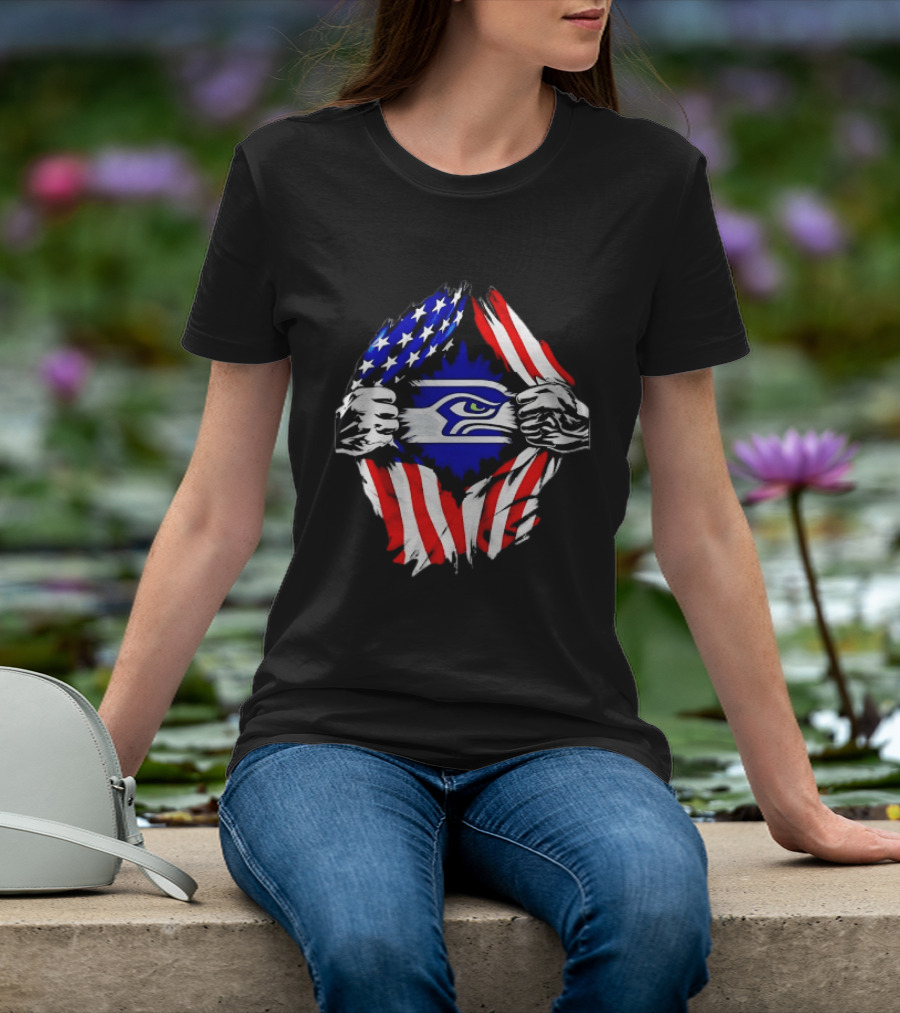 Seattle Seahawks American Flag Ripped Chest USA Fan Gear T-Shirt