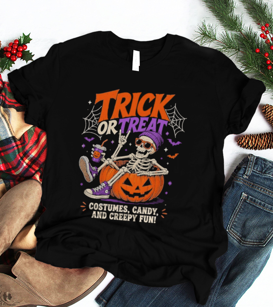 Skeleton Trick Or Treat Costumes Candy And Creepy Fun Halloween Party T-Shirt