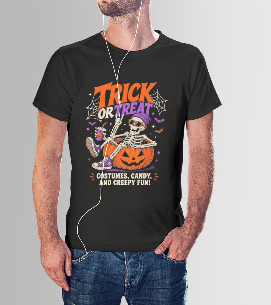 Skeleton Trick Or Treat Costumes Candy And Creepy Fun Halloween Party T-Shirt