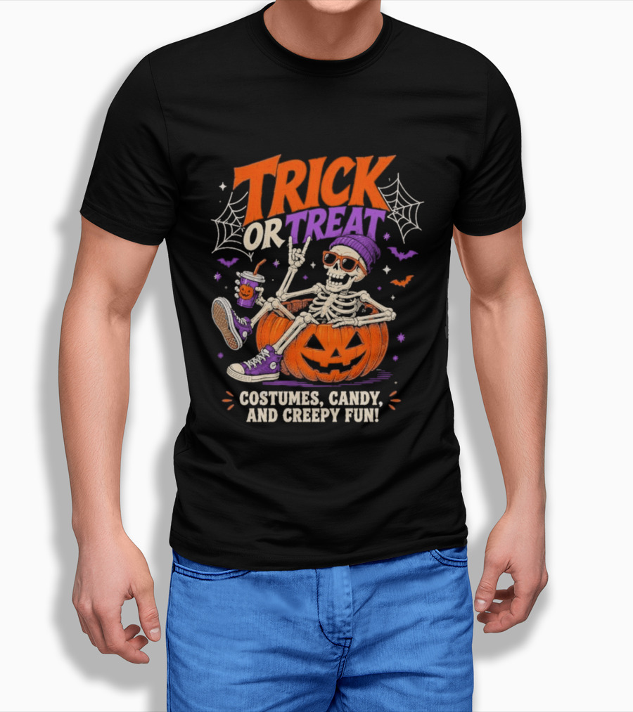 Skeleton Trick Or Treat Costumes Candy And Creepy Fun Halloween Party T-Shirt