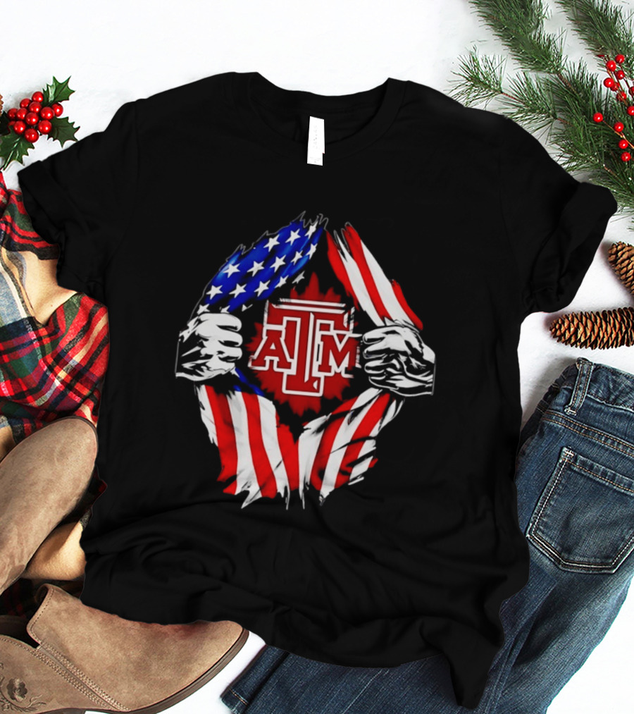 Texas A And M University Ripped Chest American Flag T-Shirt