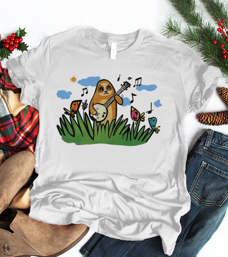 Sloth Happy Playing The Banjo With Singing Birds T-Shirt