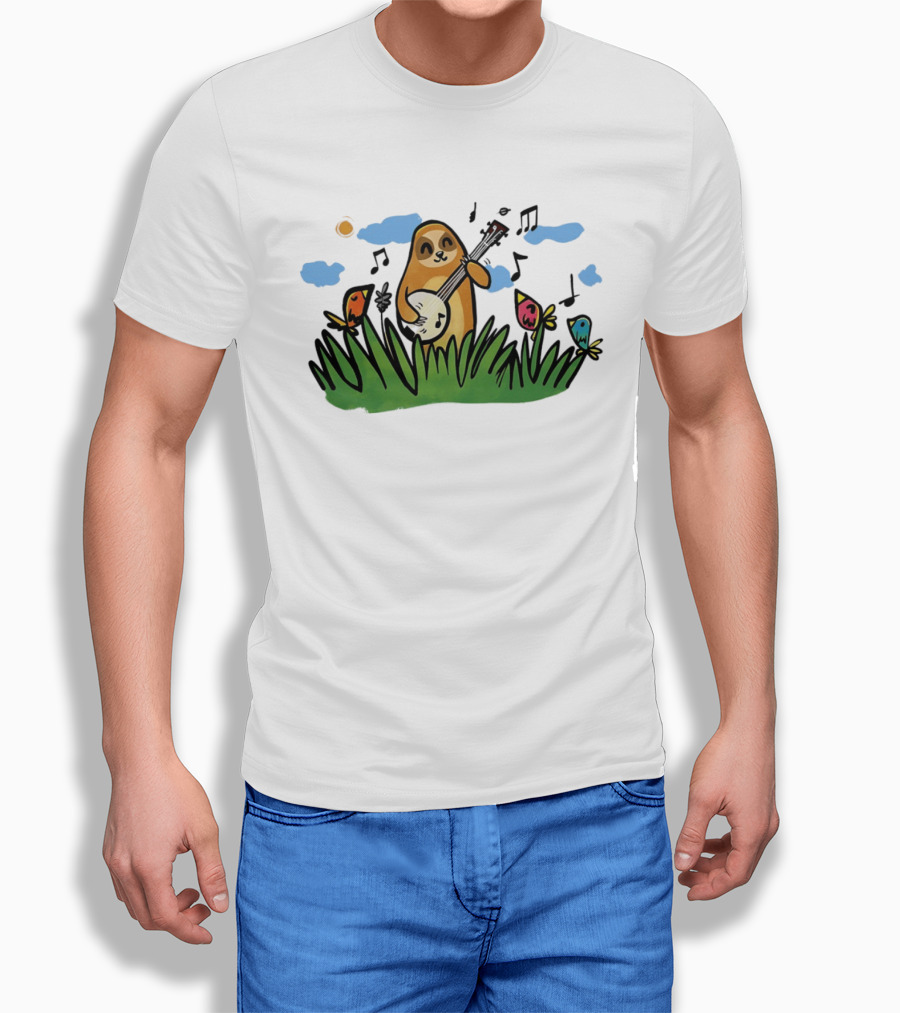 Sloth Happy Playing The Banjo With Singing Birds T-Shirt