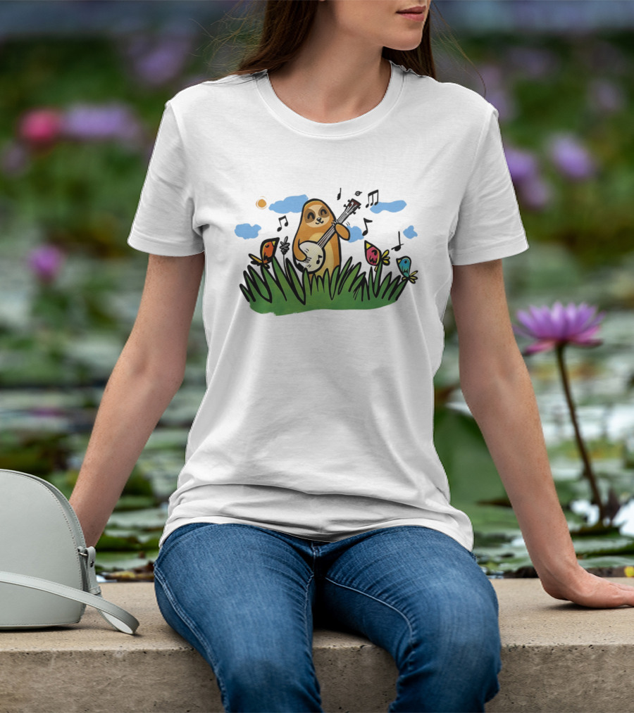 Sloth Happy Playing The Banjo With Singing Birds T-Shirt