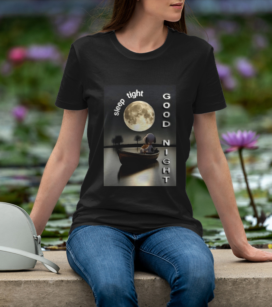 Sleep Tight Good Night Snoopy And Woodstock Moonlight Boat Scene T-Shirt