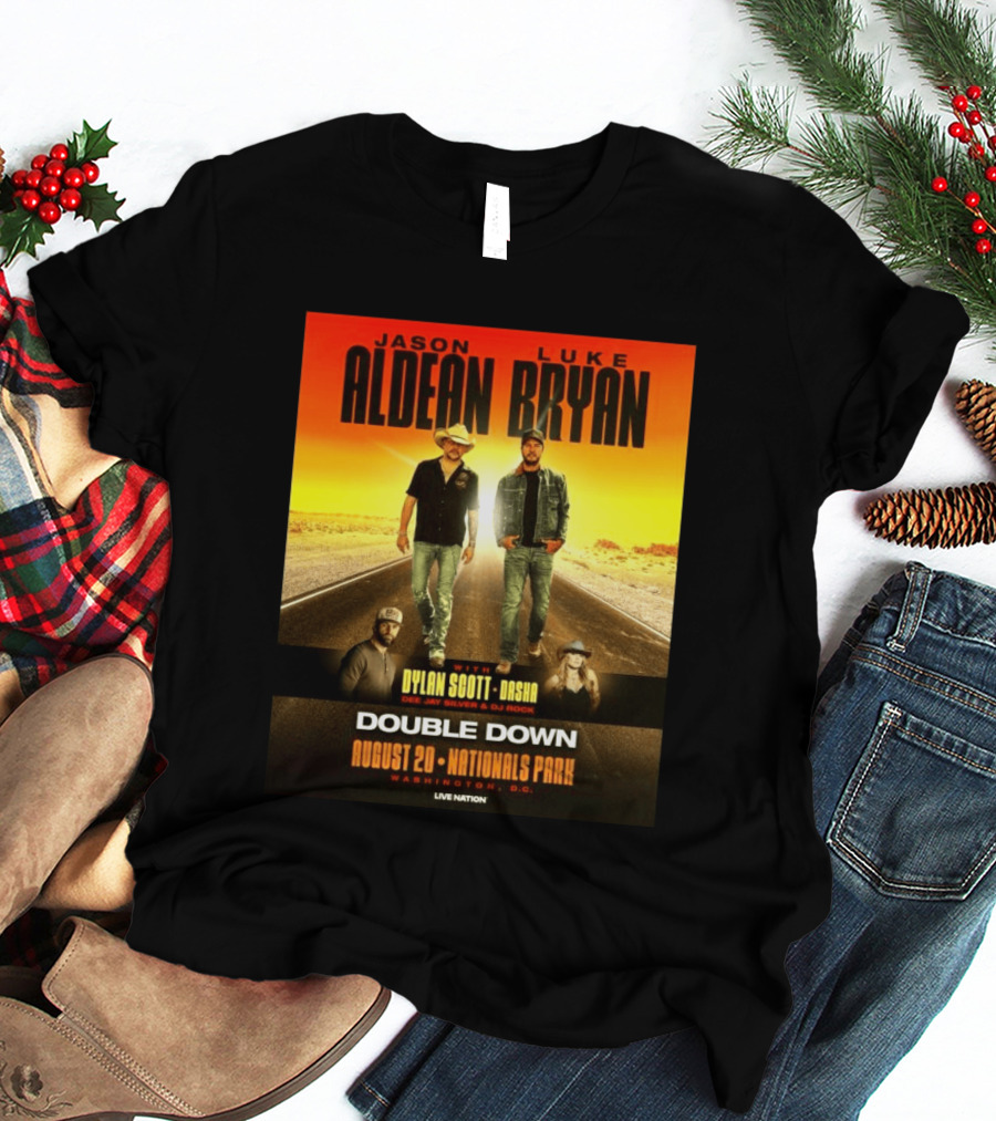 Jason Aldean Luke Bryan Double Down August 20 Nationals Park Washington D.C. With Dylan Scott Dasha Dee Jay Silver Dj Rock Live Nation T-Shirt