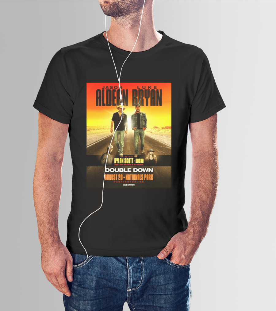 Jason Aldean Luke Bryan Double Down August 20 Nationals Park Washington D.C. With Dylan Scott Dasha Dee Jay Silver Dj Rock Live Nation T-Shirt