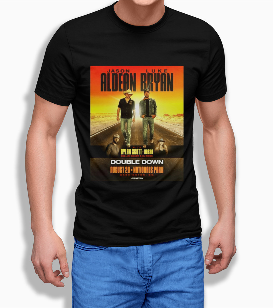 Jason Aldean Luke Bryan Double Down August 20 Nationals Park Washington D.C. With Dylan Scott Dasha Dee Jay Silver Dj Rock Live Nation T-Shirt