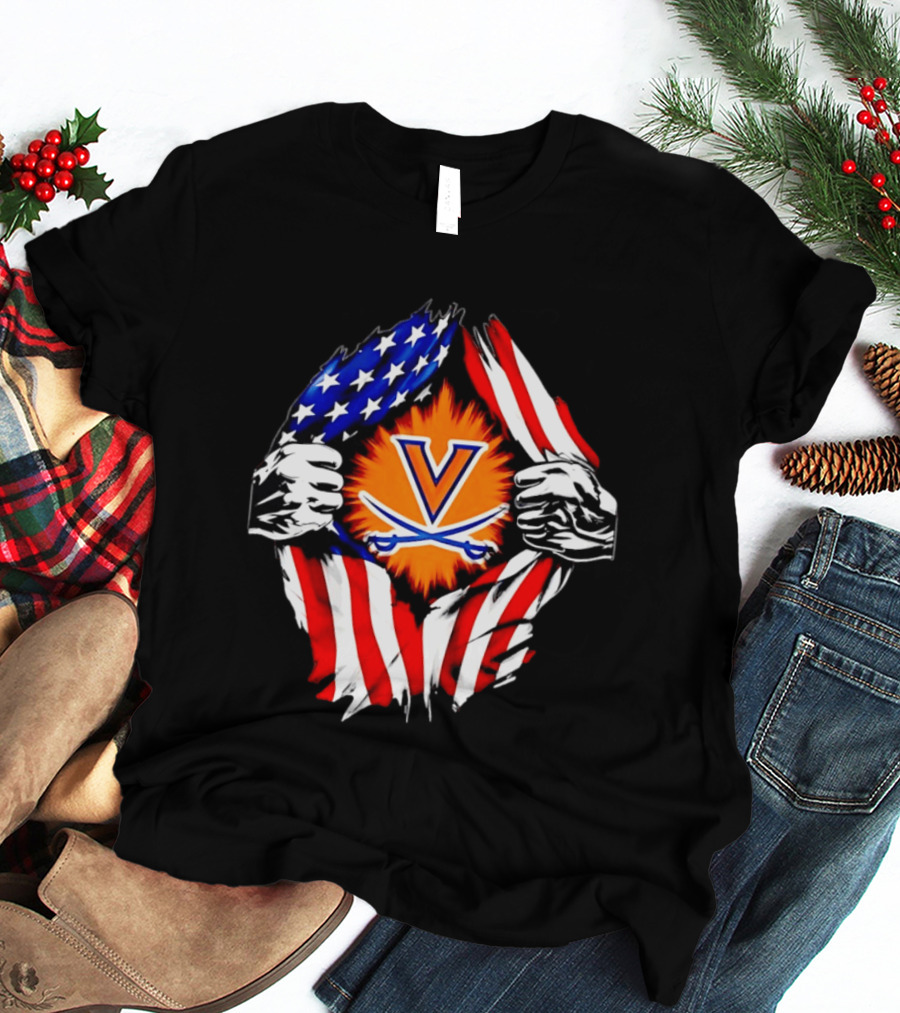Virginia Cavaliers American Flag Ripped Chest V T-Shirt
