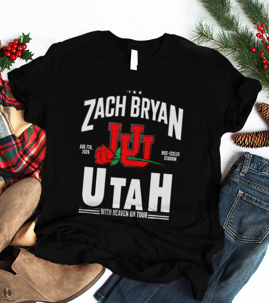 Zach Bryan Utah Rice Eccles Stadium Aug 7th 2026 With Heaven On Tour Red Rose JJJ T-Shirt