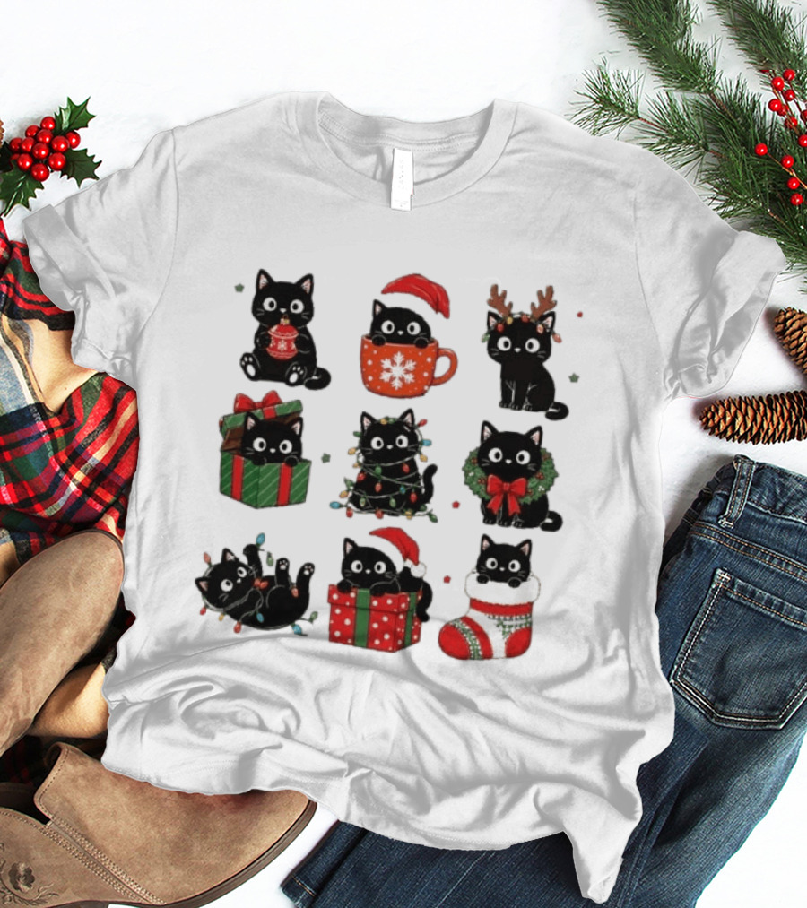 Black Cats Christmas Grid T-Shirt