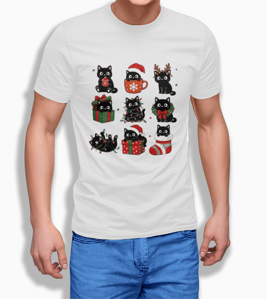 Black Cats Christmas Grid T-Shirt