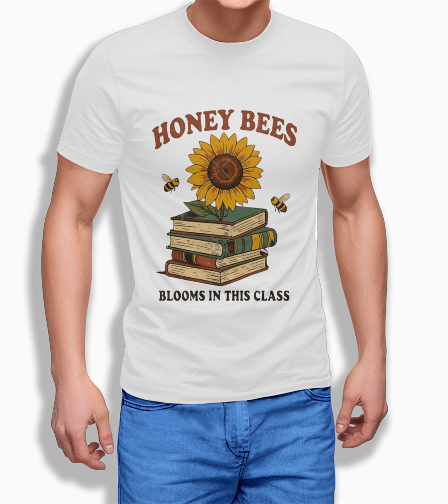 Honey Bees Blooms In This Class Sunflower And Books T-Shirt