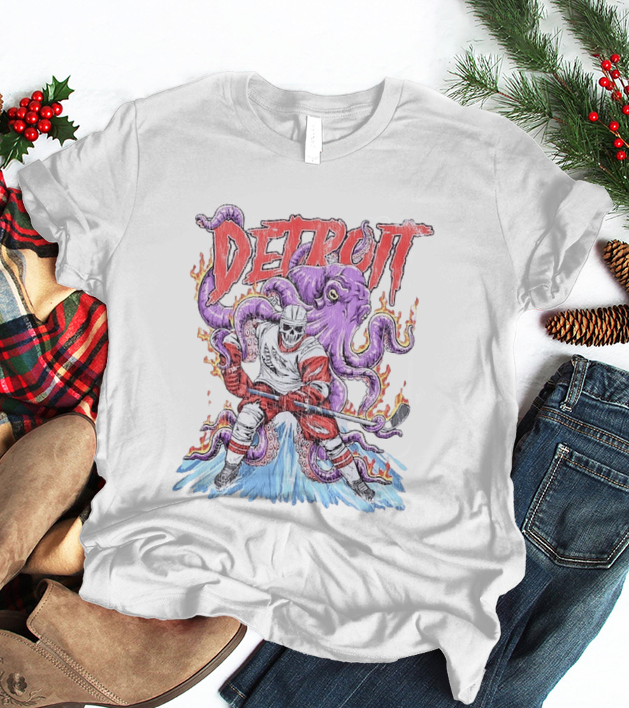 Detroit Red Wings Skeleton Hockey Octopus Distressed T-Shirt