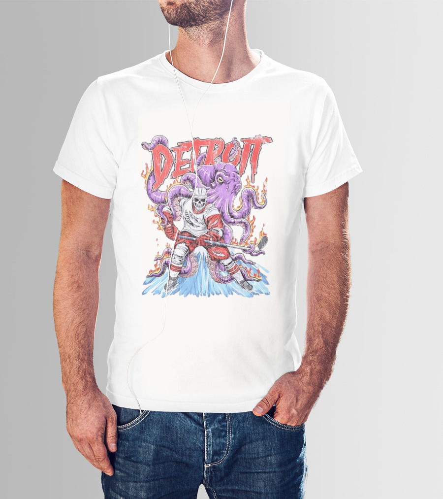 Detroit Red Wings Skeleton Hockey Octopus Distressed T-Shirt