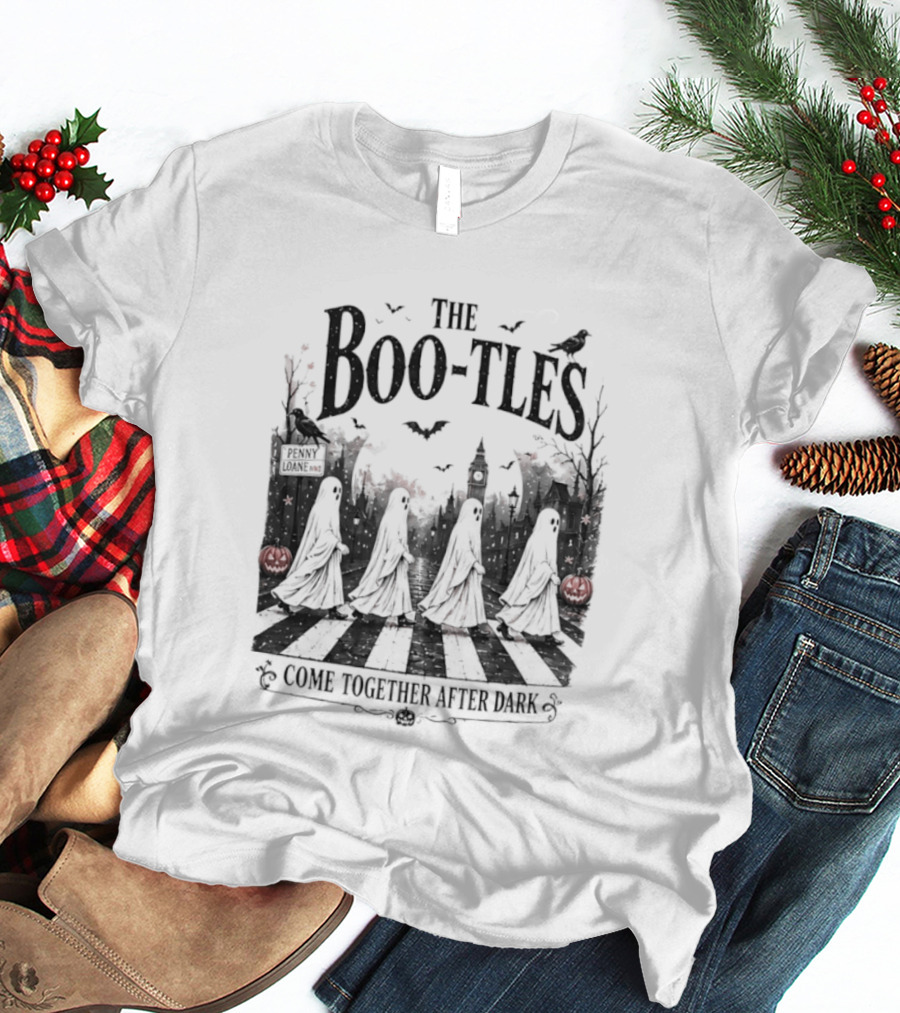 The Boo Tles Come Together After Dark Halloween Ghostly Abbey Road Bats Pumpkins T-Shirt