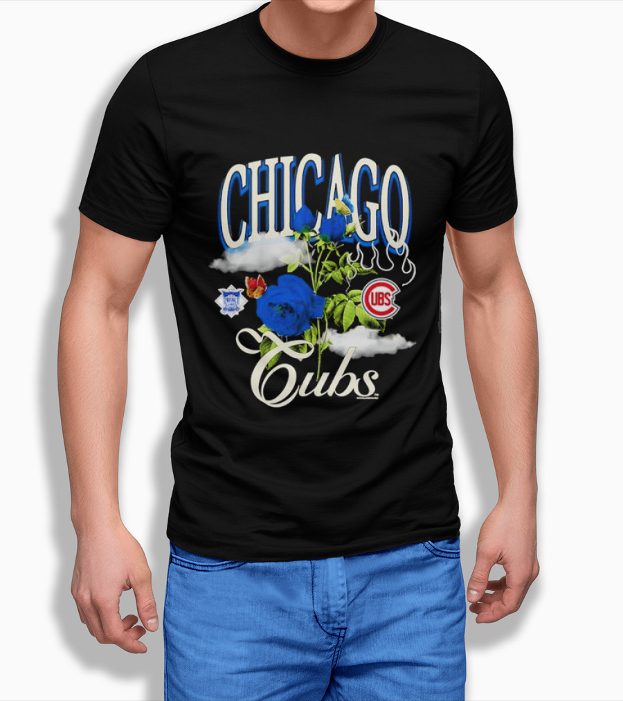 Chicago Cubs National League Blue Floral Rose Clouds T-Shirt
