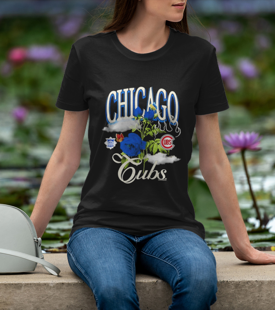 Chicago Cubs National League Blue Floral Rose Clouds T-Shirt