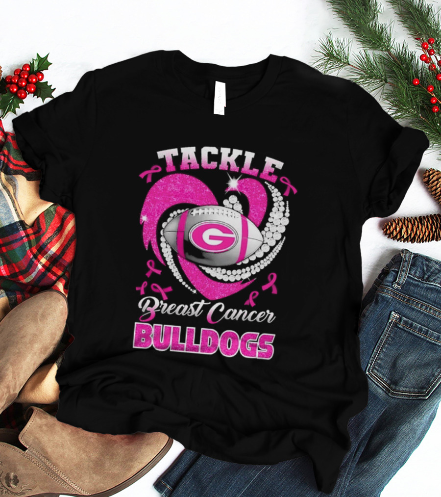 Tackle Breast Cancer Bulldogs Football G Logo Pink Ribbon T-Shirt