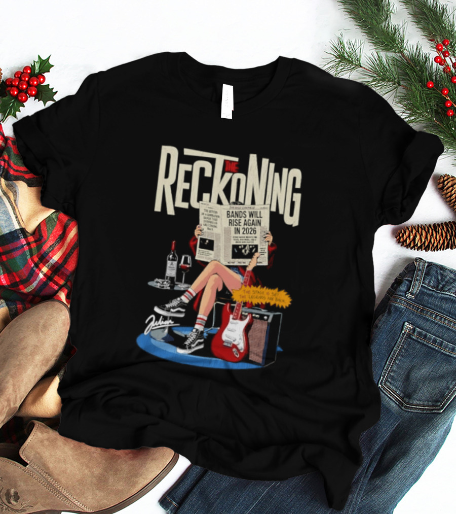 The Reckoning Bands Will Rise Again 2026 Woman Reading Newspaper Red Electric Guitar Amp T-Shirt