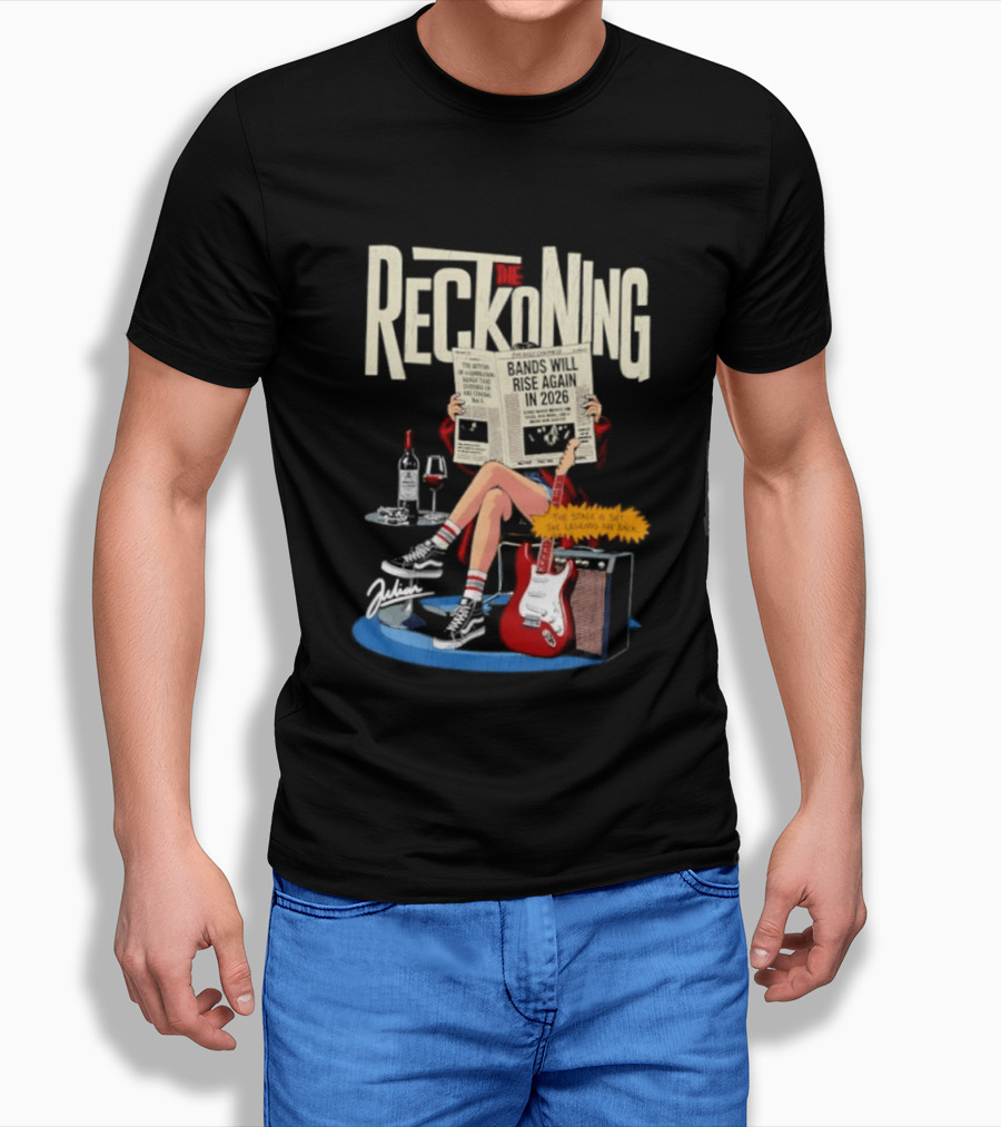 The Reckoning Bands Will Rise Again 2026 Woman Reading Newspaper Red Electric Guitar Amp T-Shirt