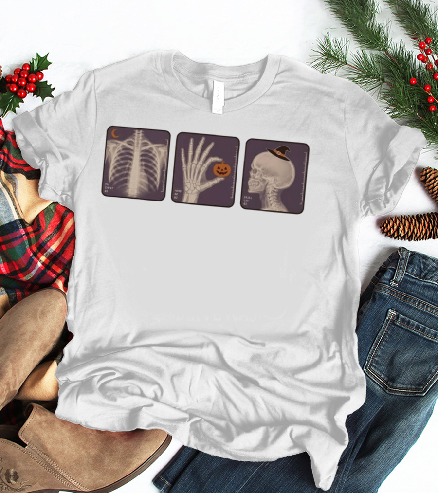 X Ray Skeleton Halloween Chest Hand Pumpkin Skull Witch Hat T-Shirt