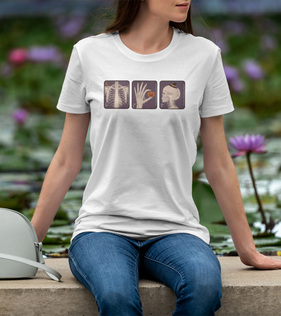 X Ray Skeleton Halloween Chest Hand Pumpkin Skull Witch Hat T-Shirt