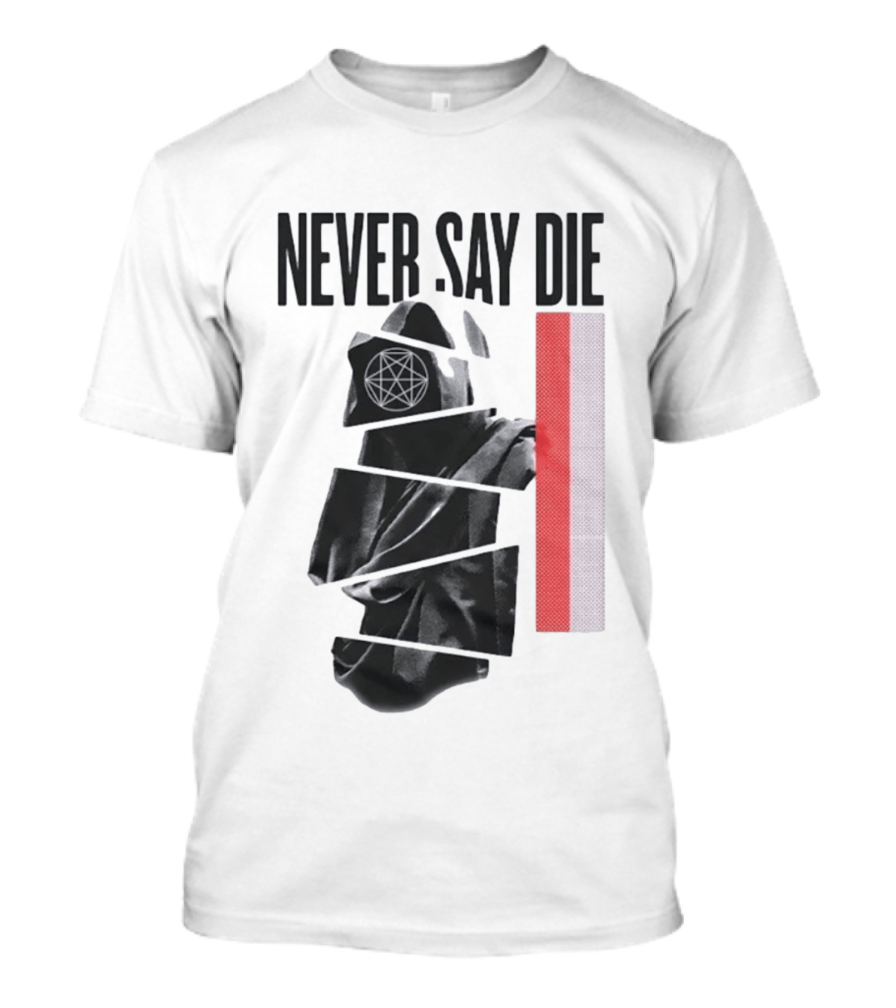 Never Say Die Hooded Occult Figure With Pentagram Halftone T-Shirt