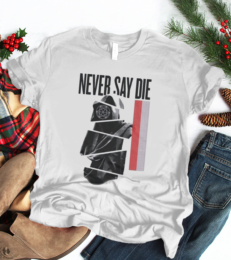 Never Say Die Hooded Occult Figure With Pentagram Halftone T-Shirt
