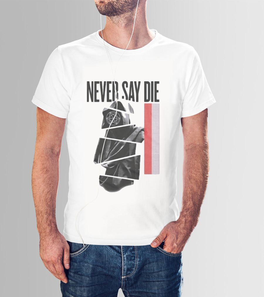 Never Say Die Hooded Occult Figure With Pentagram Halftone T-Shirt