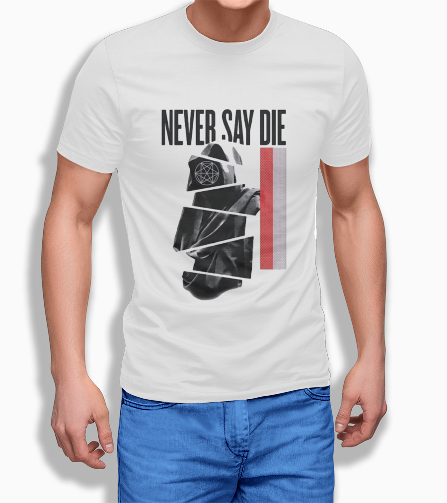 Never Say Die Hooded Occult Figure With Pentagram Halftone T-Shirt
