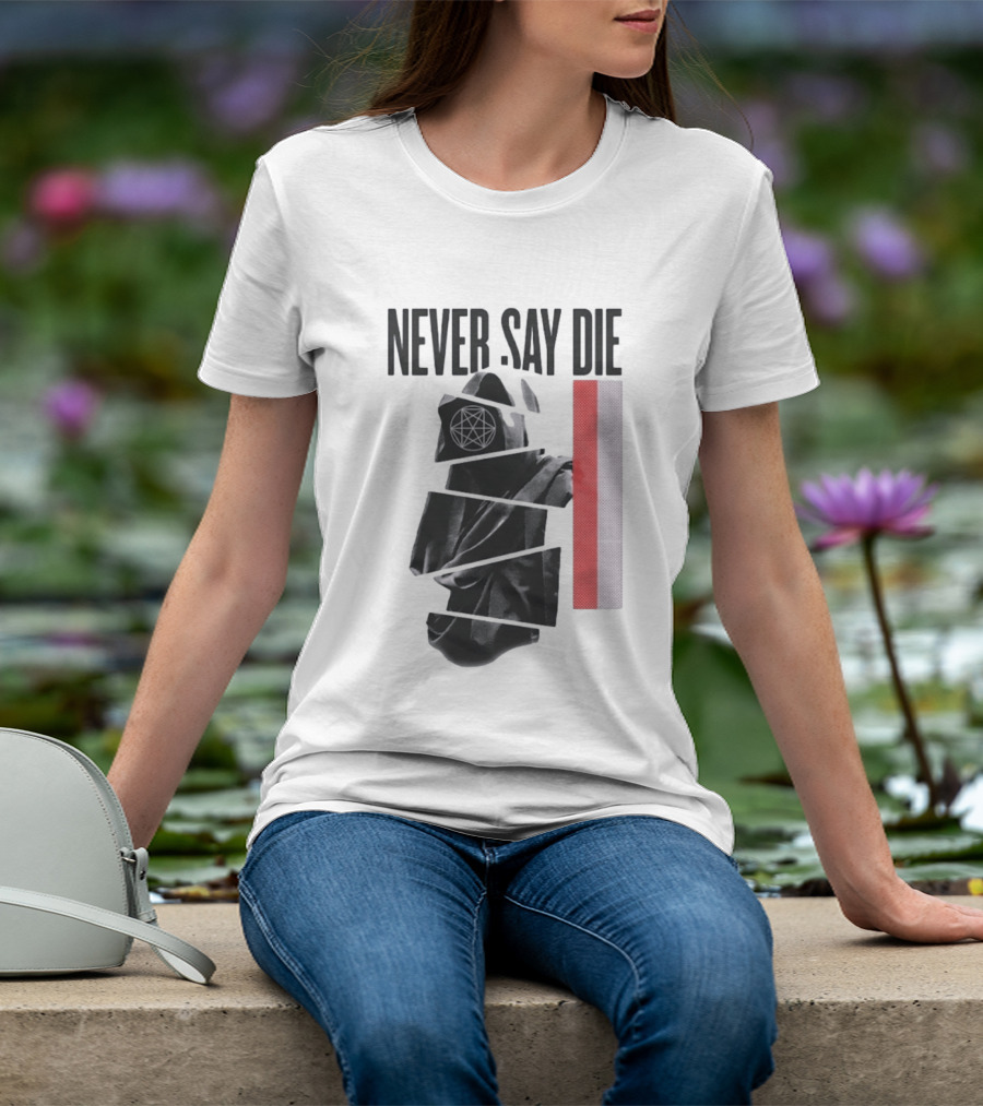 Never Say Die Hooded Occult Figure With Pentagram Halftone T-Shirt