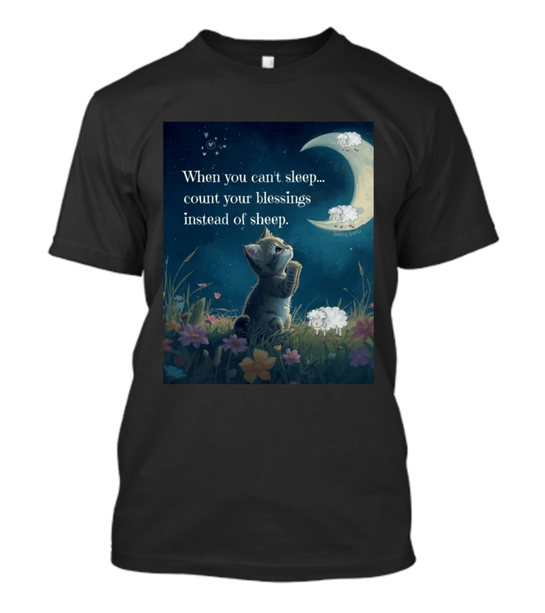 Cat When You Can't Sleep Count Your Blessings Instead Of Sheep Healing Vibes Moon Sheep Flowers T-Shirt