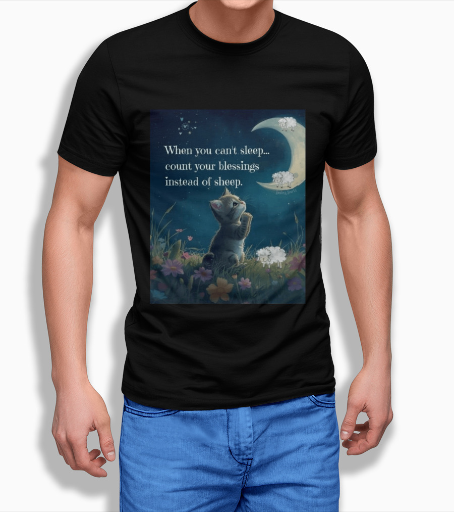Cat When You Can't Sleep Count Your Blessings Instead Of Sheep Healing Vibes Moon Sheep Flowers T-Shirt