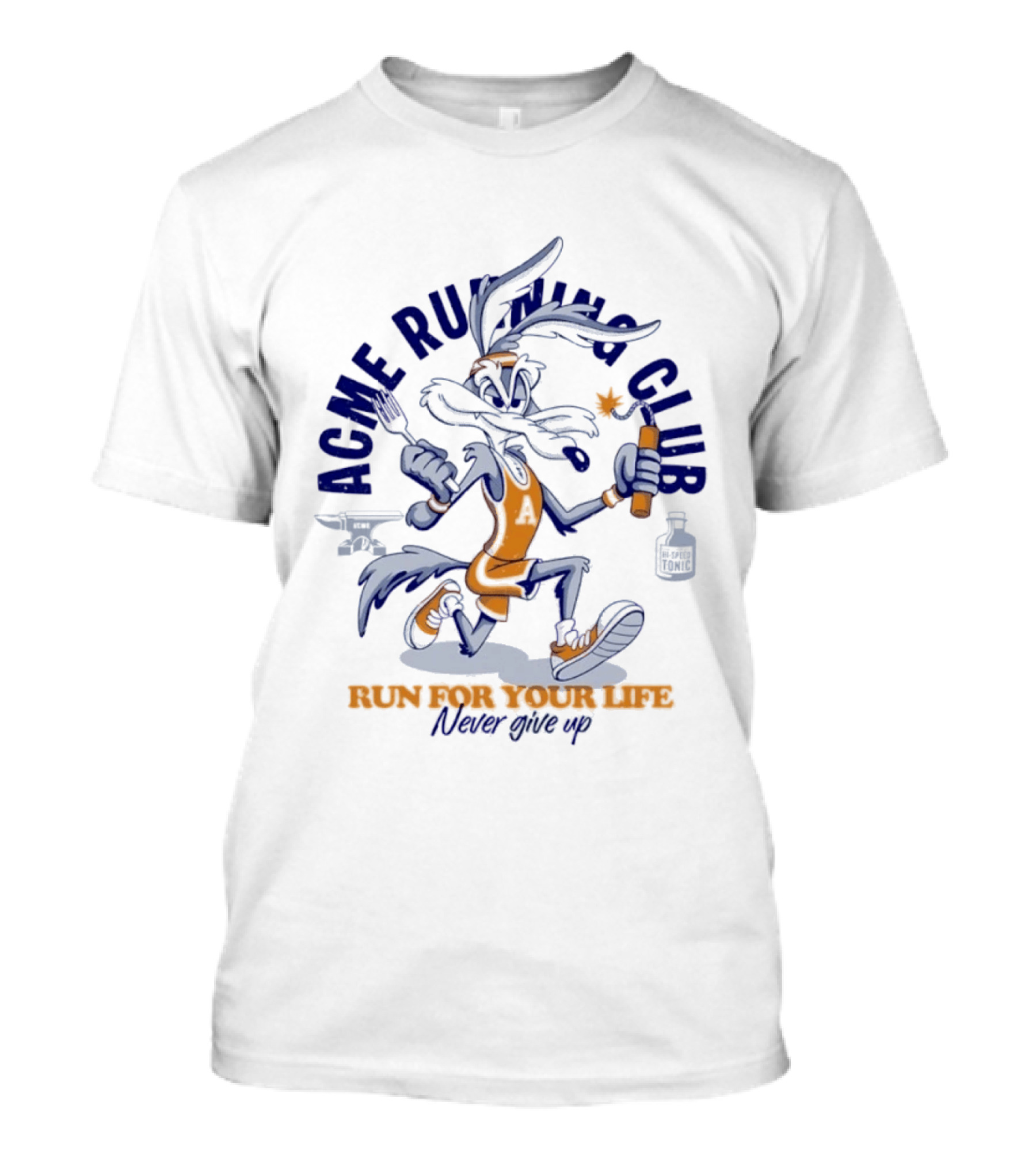 Acme Running Club Wile E Coyote Run For Your Life Never Give Up T-Shirt