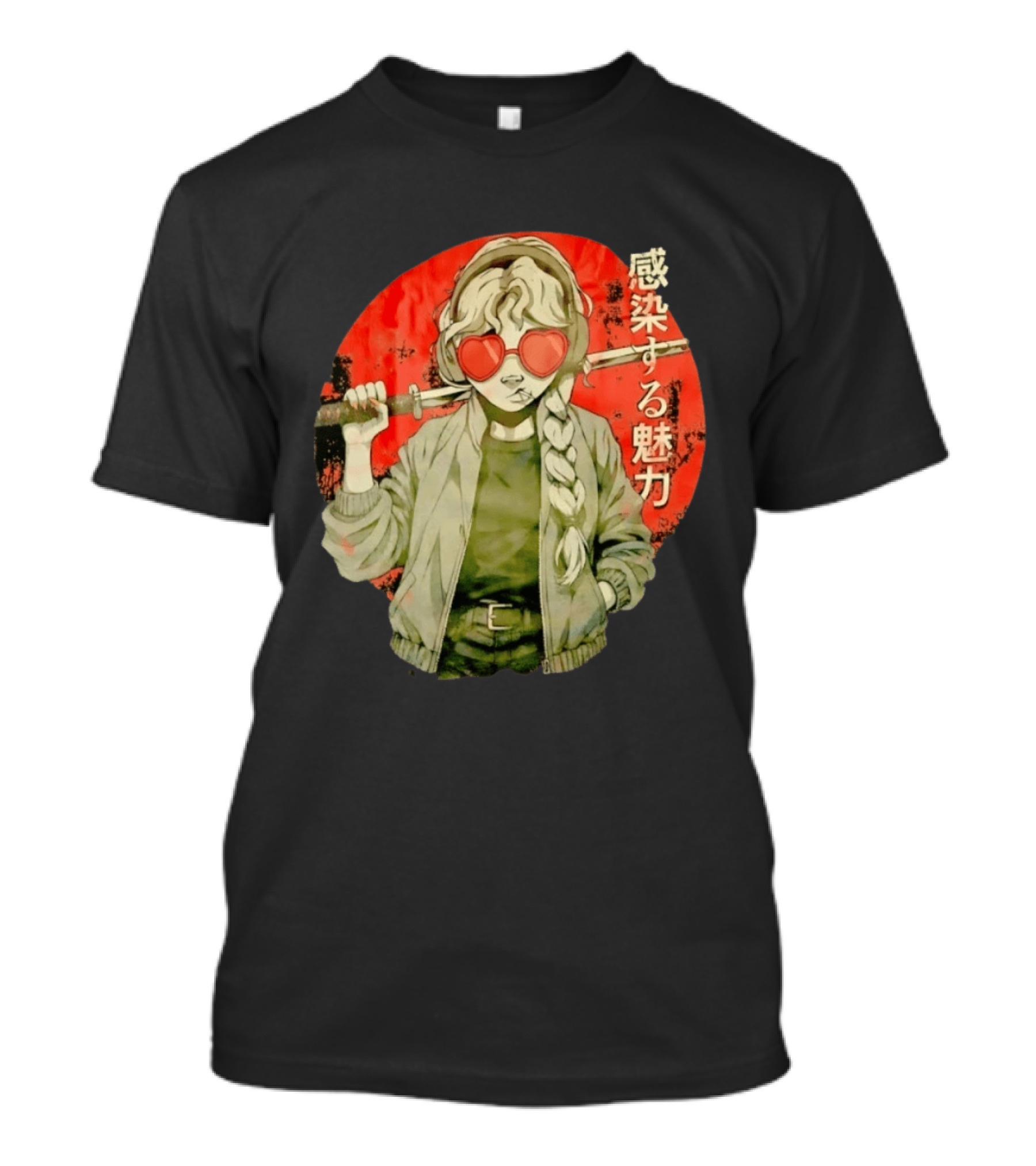 Anime Katana Girl Infectious Charm Heart Sunglasses Braided Hair T-Shirt