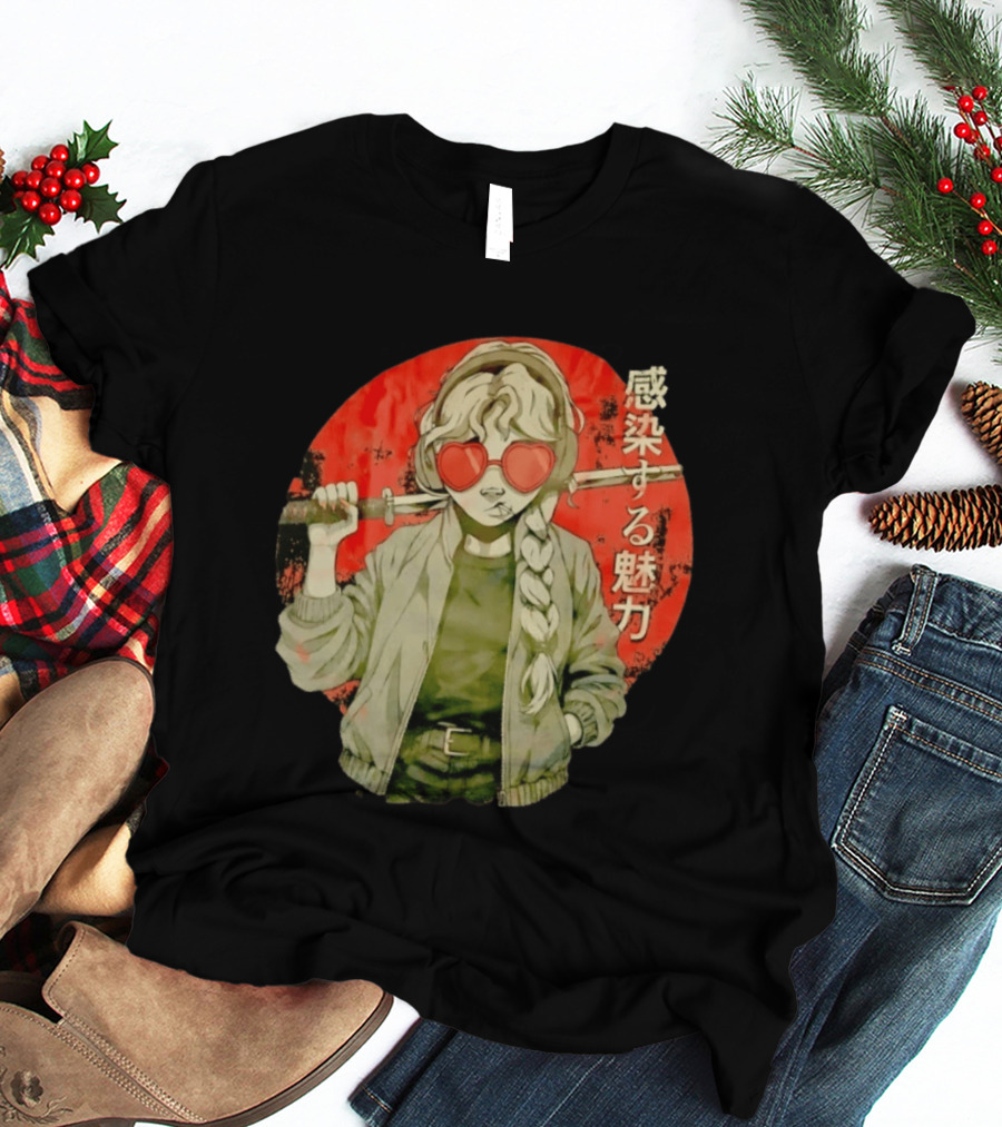 Anime Katana Girl Infectious Charm Heart Sunglasses Braided Hair T-Shirt