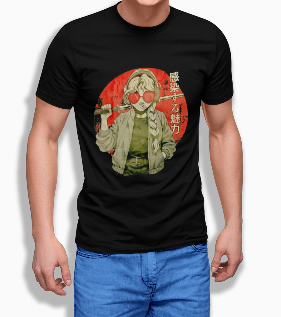 Anime Katana Girl Infectious Charm Heart Sunglasses Braided Hair T-Shirt