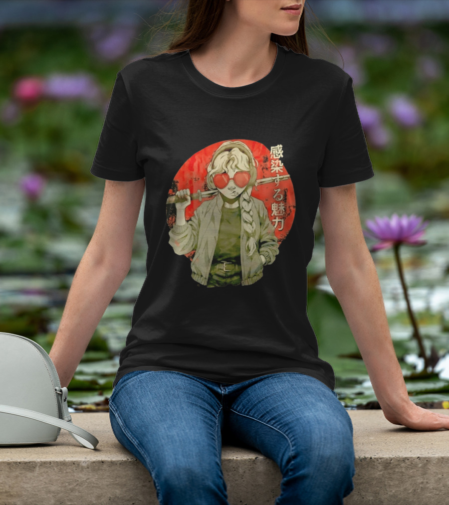 Anime Katana Girl Infectious Charm Heart Sunglasses Braided Hair T-Shirt
