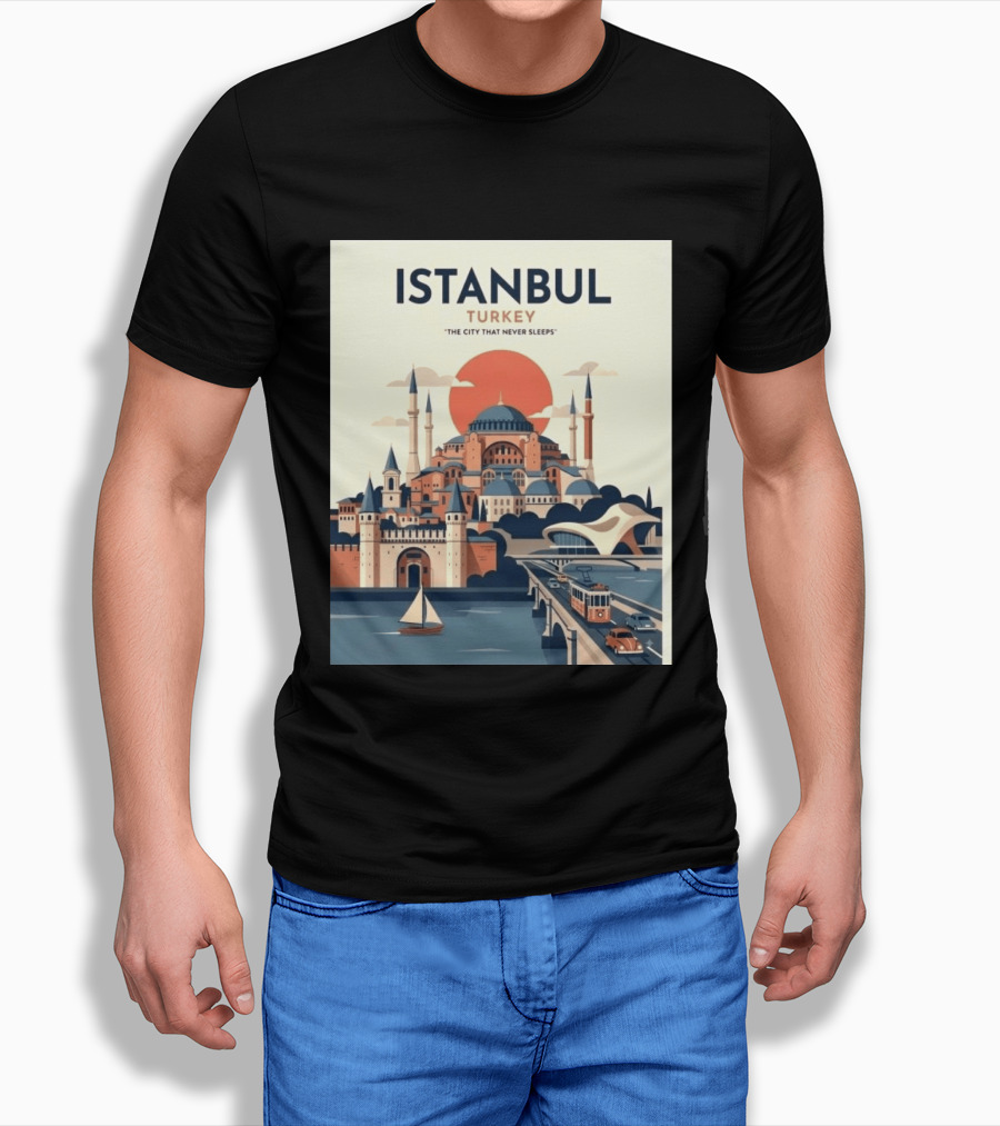 Istanbul Turkey The City That Never Sleeps Iconic Landmarks Urban Skyline Retro Style Scenic Tram And Sailboat T-Shirt