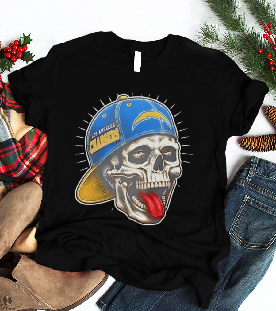 Los Angeles Chargers Skull Tongue Out Cap Football T-Shirt