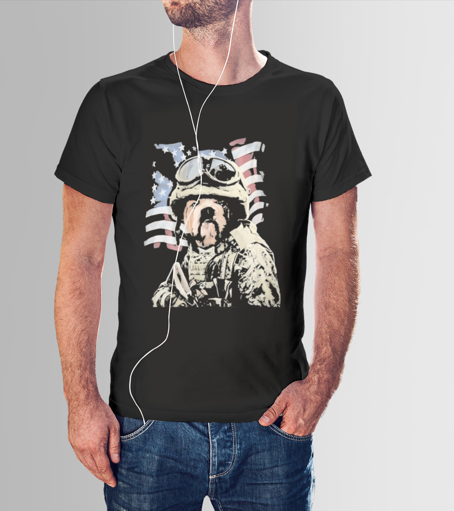 American Bulldog Soldier With United States Flag Goggles And Military Gear T-Shirt